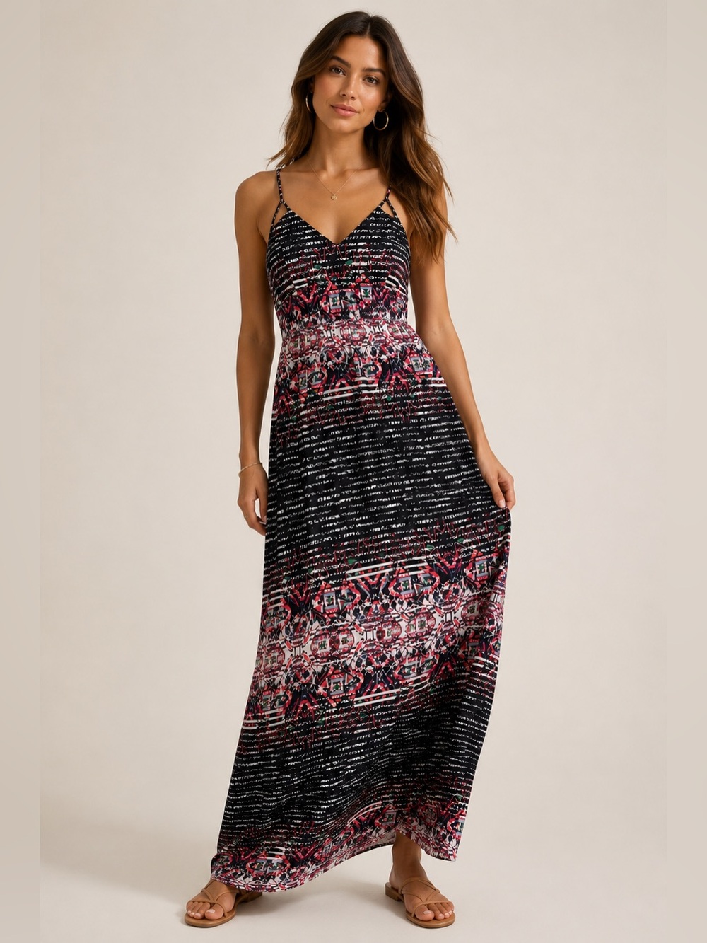 Parker Printed Maxi Dress Size Medium Strappy Geometric Boho Resort Dress